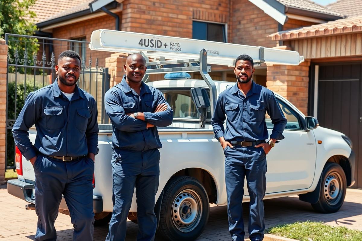 Scott Electronics technicians beside their service bakkie at a Johannesburg home