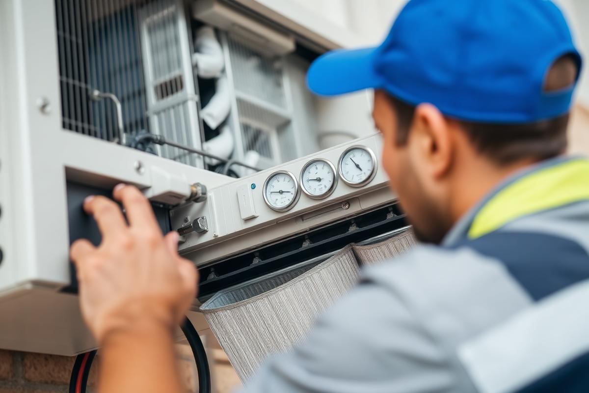 Technician servicing an air conditioner with gauges connected