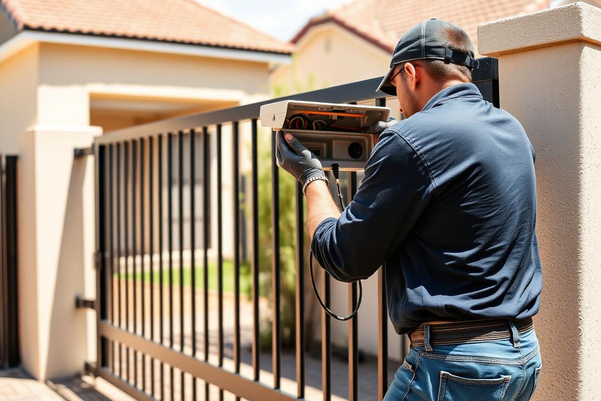 Technician installing a sliding gate motor at a Gauteng home