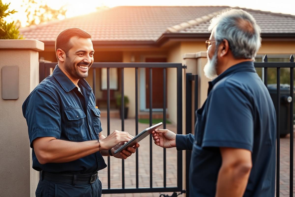 Technician handing over a completed gate automation install to a Pretoria homeowner