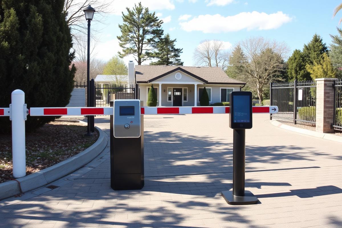 Boom gate and card reader at a secure business park entrance