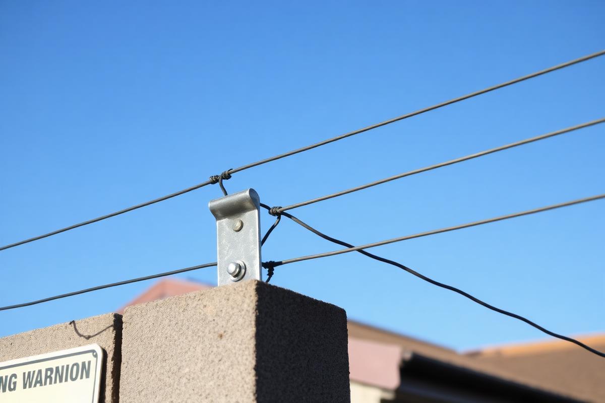 Close-up of electric fence brackets and wires on a wall against blue sky