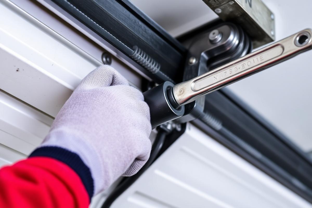 Garage door roller track and spring being serviced