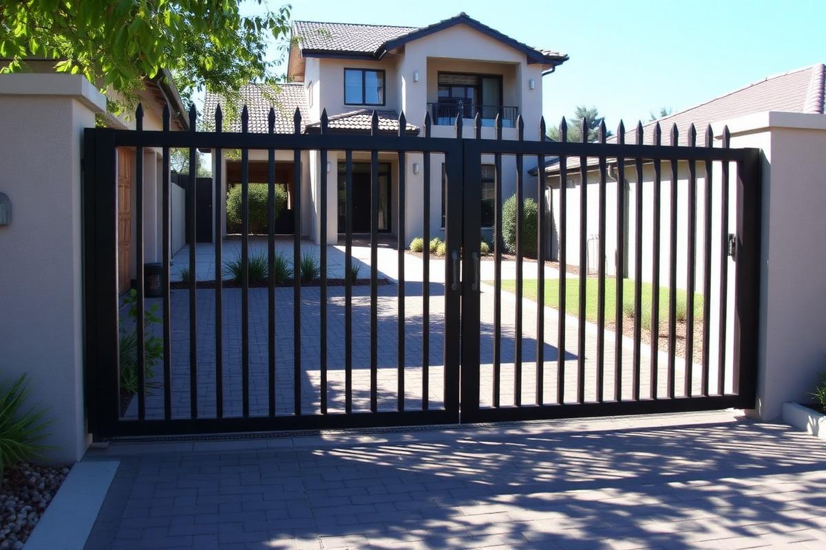 Automated black steel driveway gate at a suburban home