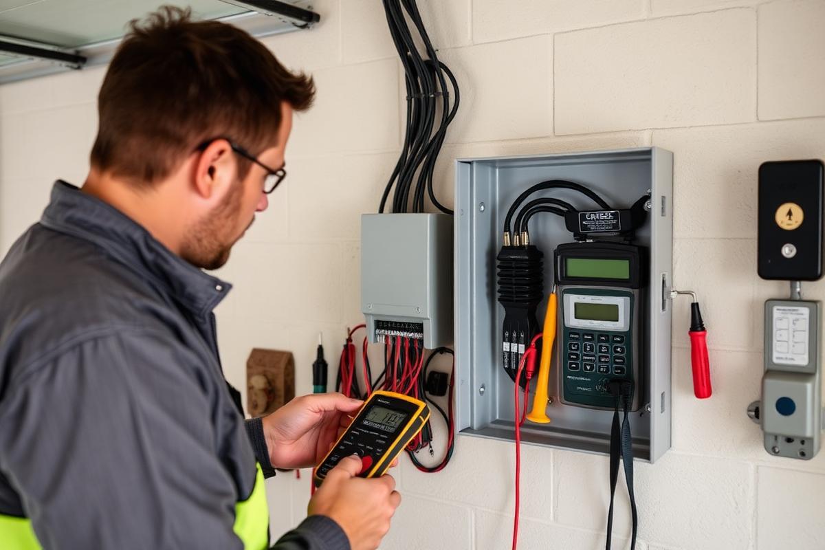 Technician testing an electric fence energizer control box