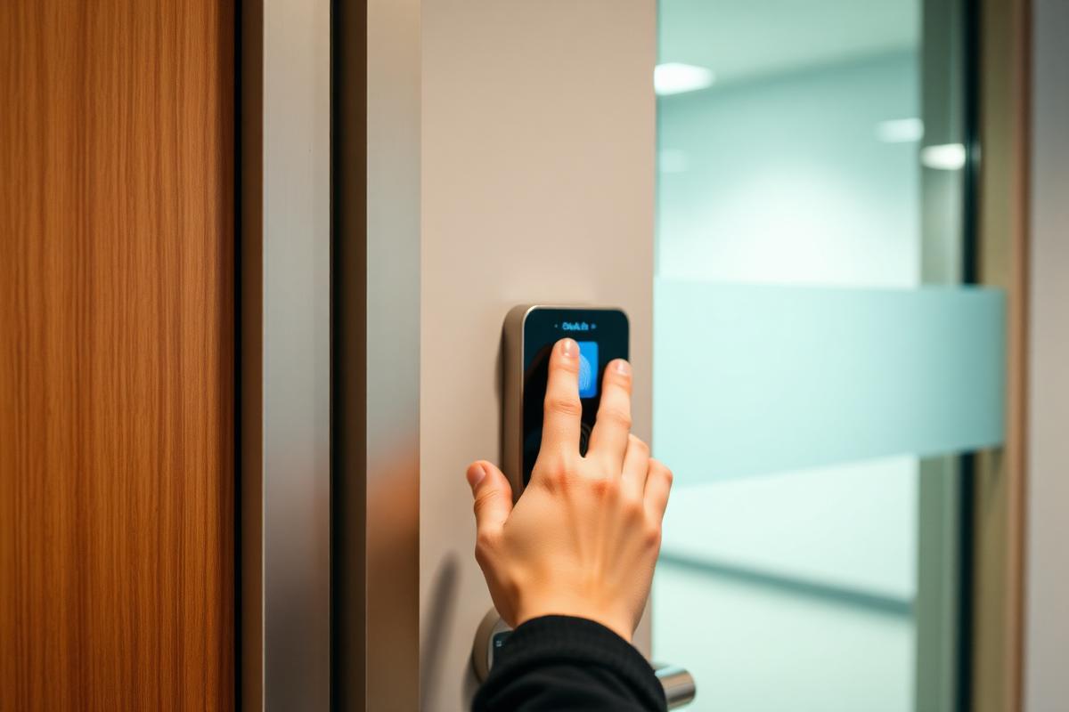 Fingerprint access control reader at an office door
