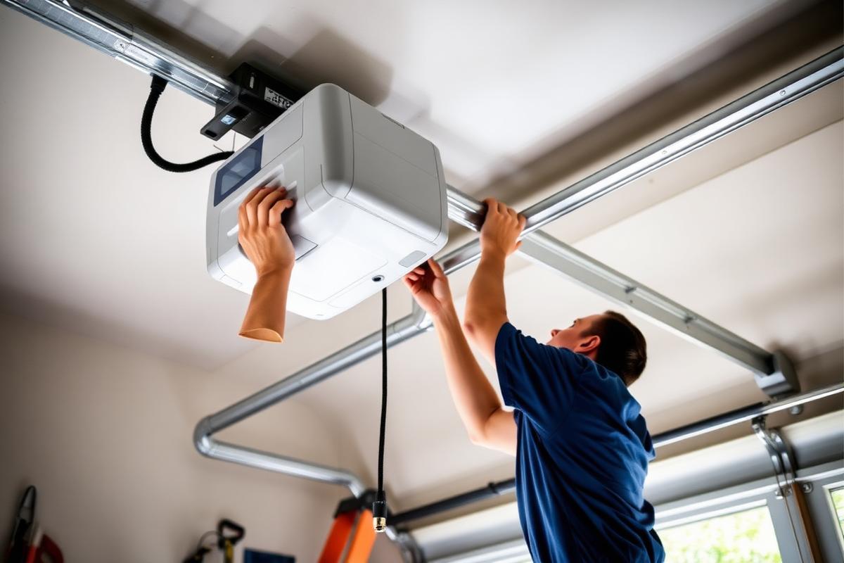 Technician installing a ceiling-mounted garage door motor