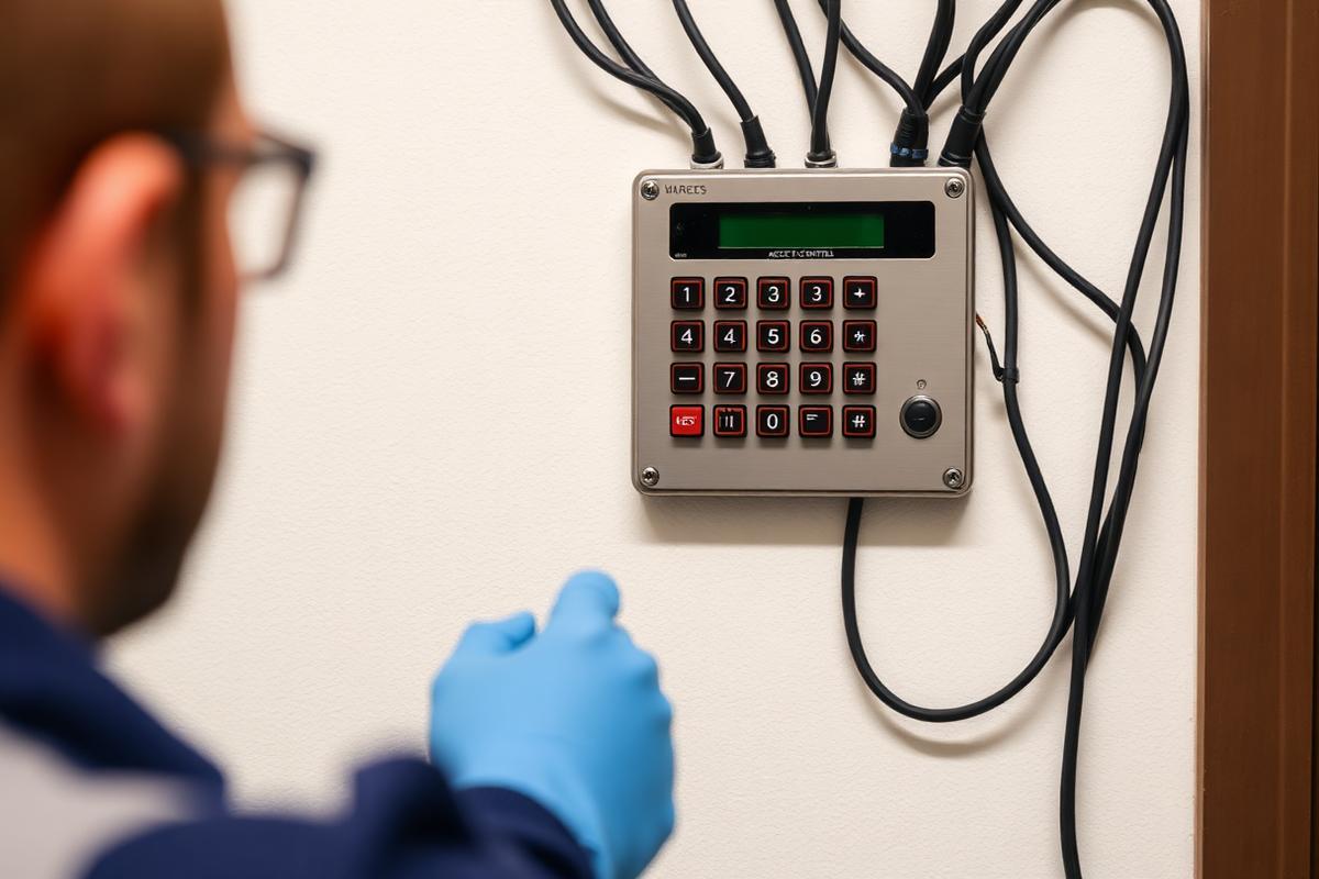 Technician wiring a keypad access control panel