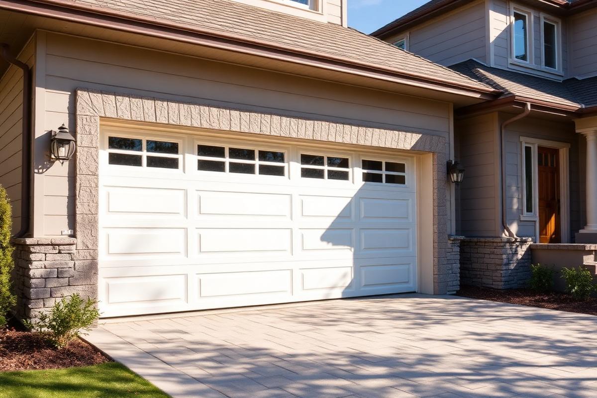 Modern sectional garage door on a suburban double garage
