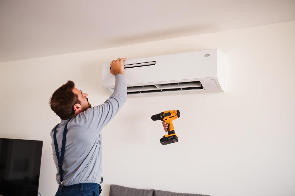 Technician installing a split air conditioner