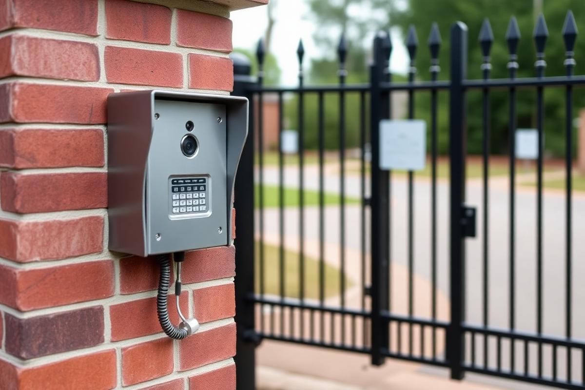 Outdoor gate intercom station on a brick pillar