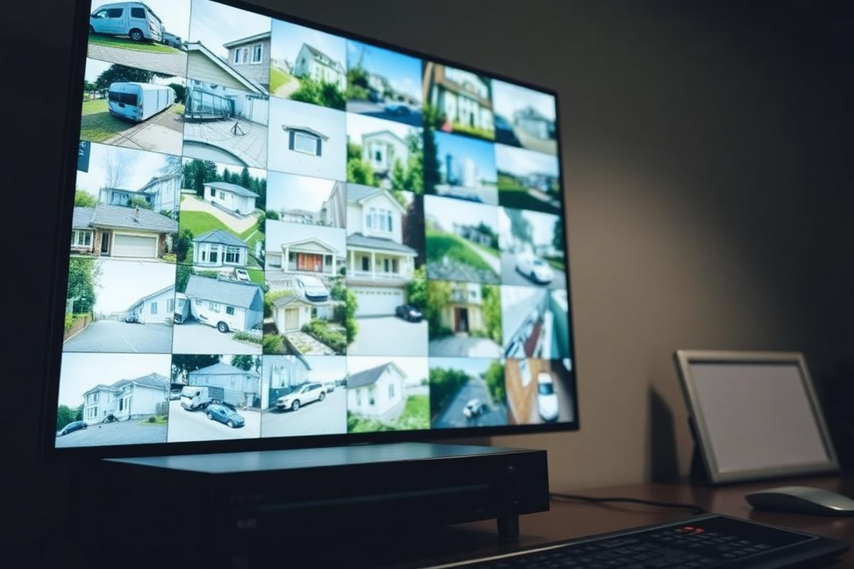 CCTV monitor showing a multi-camera grid with NVR recorder