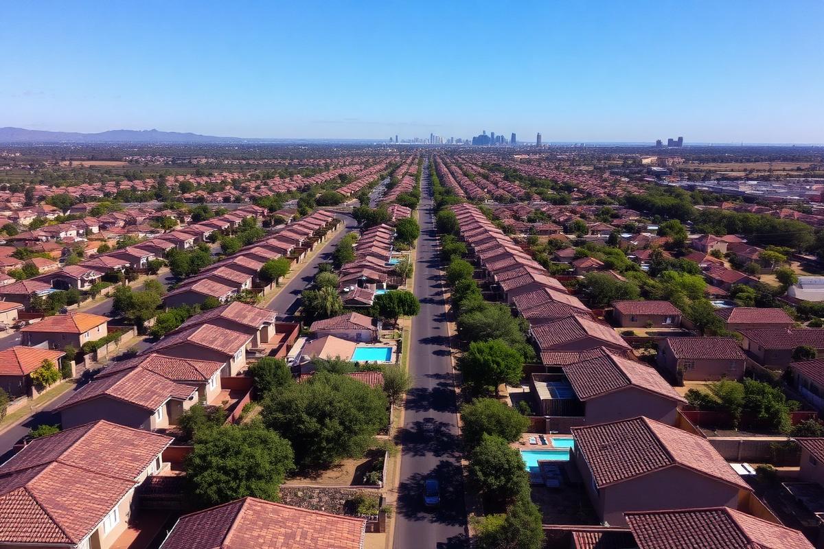 Aerial view of a Gauteng suburb with the Johannesburg skyline in the distance