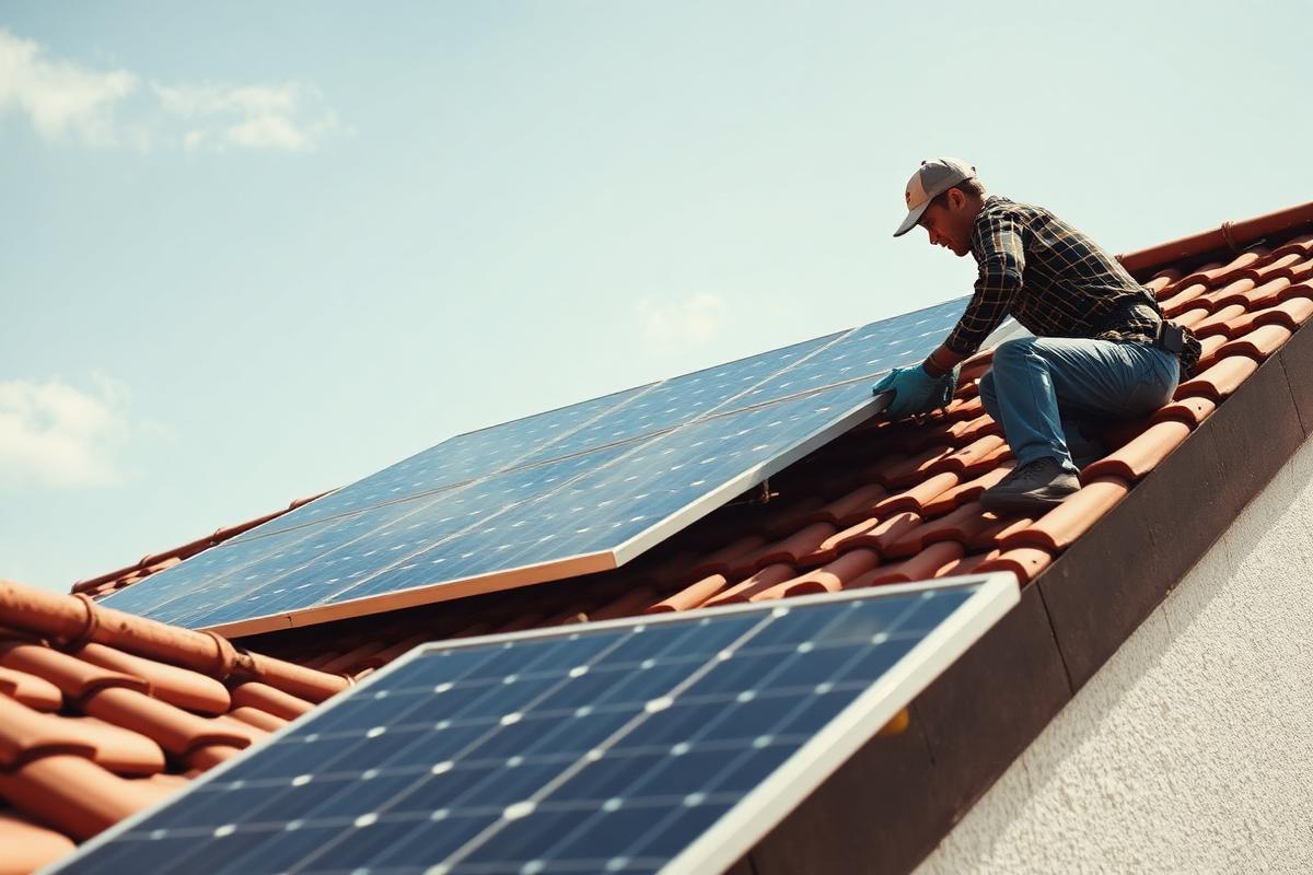 Technicians installing solar panels on a roof