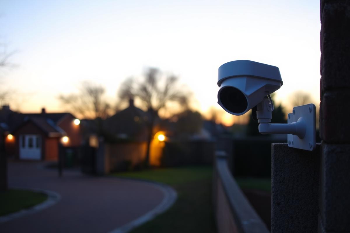Outdoor bullet CCTV camera on a boundary wall at dusk